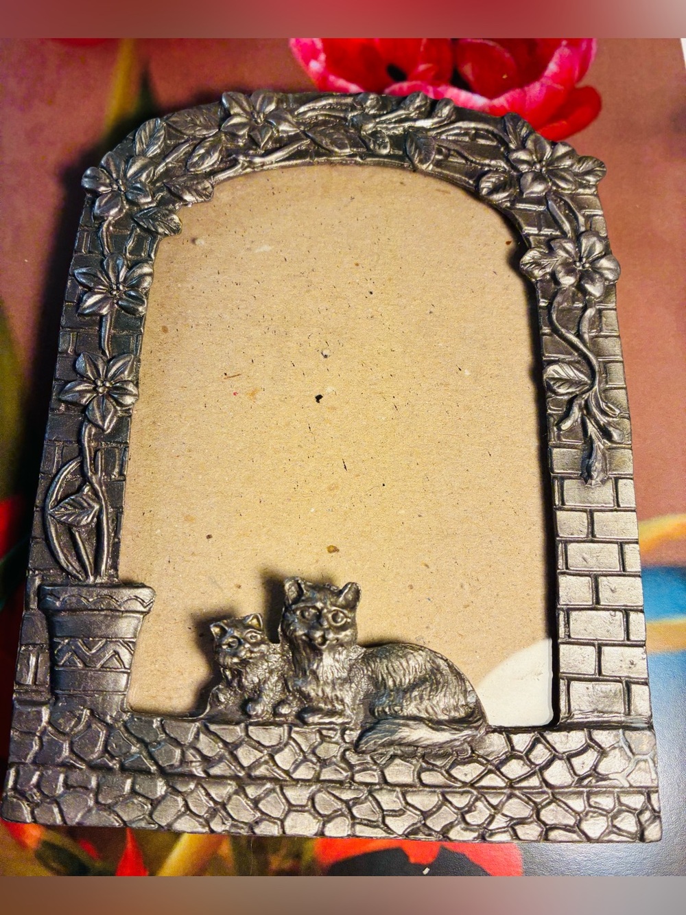 Vintage Pewter Cat & Flower Frame